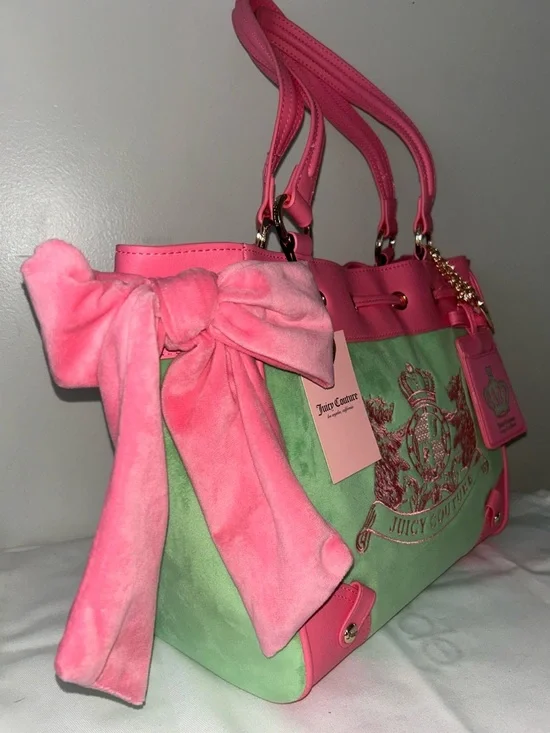 NEW! NWT JUICY COUTURE Daydreamer Scottie Dogs Velour Tote Retro Green/Pink - Picture 4 of 9